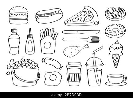 Niedliche Doodle Fast Food oder Junk-Food Cartoon-Symbole und Objekte. Stock Vektor