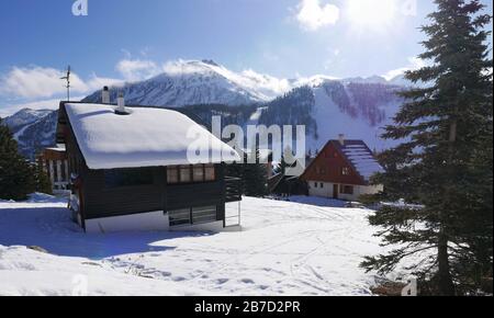 Schneelandschaft Montgenvre in den Hochalpen im Winter, frankreich Stockfoto