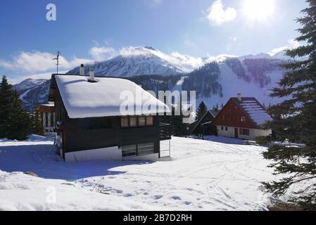 Schneelandschaft Montgenvre in den Hochalpen im Winter, frankreich Stockfoto