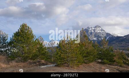 Schneelandschaft Montgenvre in den Hochalpen im Winter, frankreich Stockfoto