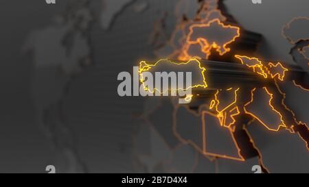 Die Türkei auf der dunklen Weltkarte mit erhöhten Ländern und leuchtenden hohen Energiegrenzen. 3D-Abbildung Stockfoto