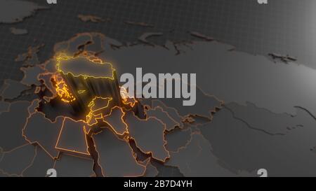 Die Türkei auf der dunklen Weltkarte mit erhöhten Ländern und leuchtenden hohen Energiegrenzen. 3D-Abbildung Stockfoto