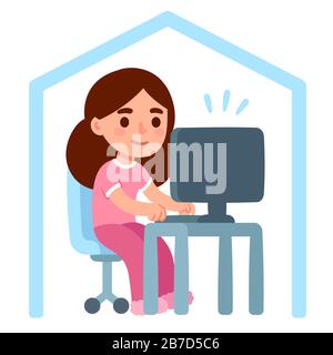 Süßes Cartoon-Mädchen im Pyjama, das von zu Hause aus arbeitet. Telearbeit und Telearbeit oder freiberufliche Tätigkeit. Isolierte Vektorgrafik in einfacher Ebene Stock Vektor