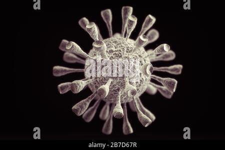 Coronavirus Covid-19-Konzept. Gefährlicher asiatischer Corona-Virus. Nahaufnahme des Elektronenmikroskops. 3D-Rendering. Stockfoto