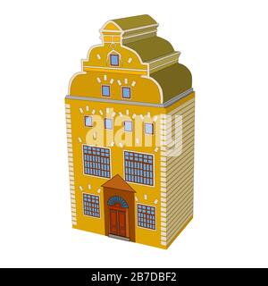 Haus in perspektivischer Ansicht isoliert auf weißem Hintergrund. Viktorianisches polygonales gelbes Gebäude. 3D-Rendering von Cartoon european House. Bestandsvektor Stock Vektor