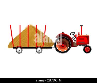 Alter Traktor mit Anhänger. Der Anhänger ist mit Heu beladen. Vektorgrafiken auf weißem Hintergrund. Stock Vektor