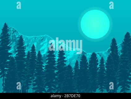 Bergwald und Mond. Berge Nacht Vollmond Stock Vektor