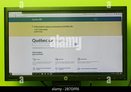 Quebec, Kanada. Quebecer Provinzregierungs-Webseite für Informationen über das Coronavirus Stockfoto