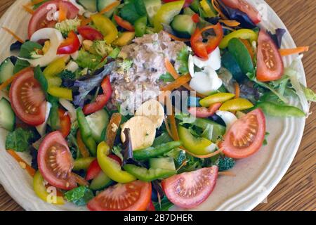 Nahaufnahme eines frischen, organischen Gartensalats in einem Regenbogen mit einigen Tuna und Eiern für Eiweiß Stockfoto