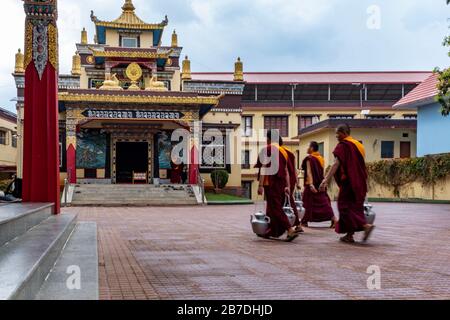 Bylakuppe, Karnataka, Indien - 15. März 2018: Eine Gruppe junger Mönch, die im tibetischen Kloster Namdroling Tee mit einem Tempel im Hintergrund bringt Stockfoto