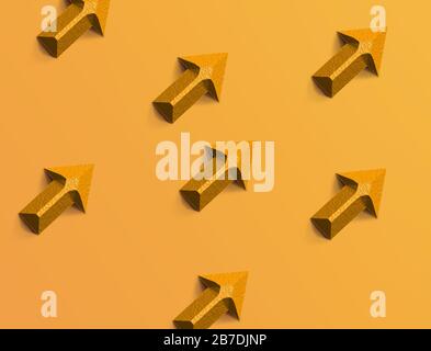 Aufsteigende goldene Pfeile. In goldenem Hintergrund. Steigen Sie. Stockfoto