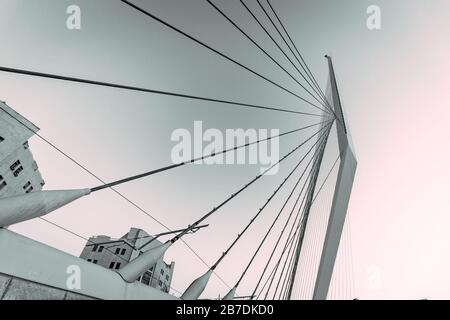 Die Chords Bridge (hebräisch: Streicherbrücke, Gesher HaMeitarim), auch Saitenbrücke genannt, an der die Stadtbahn vorbeiführt, und ein Fußgängerweg Stockfoto