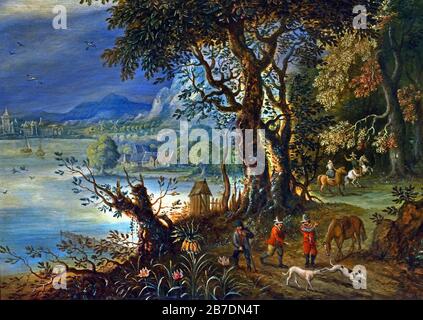 Flusslandschaft mit Jägern von Jan Brueghel dem älteren 1568-1625 und Abraham Govaerts 1589-1626 Brueghel Familie ( Bruegel oder Breughel ), flämische Maler 16.-17. Jahrhundert, Belgier, Belgien. Stockfoto