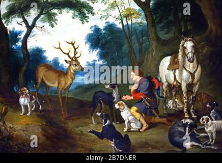 Die Vision des heiligen Hubertus 1630 von Jan Brueghel, dem Jüngeren 1601-1678, der Familie Brueghel ( Bruegel oder Breughel ), flämischen Malern 16.-17. Jahrhundert, Belgier, Belgien. Stockfoto