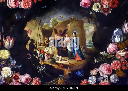 Die Versuchungen des heiligen Anthony in einem Blumengarland von Jan Brueghel, dem Jüngeren 1601-1678 und David Teniers dem Jüngeren 1610-1690 von Jan Brueghel, dem Jüngeren 1601-1678, der Familie Brueghel ( Bruegel oder Breughel ), flämischen Malern 16.-17. Jahrhundert, Belgier, Belgien. Stockfoto