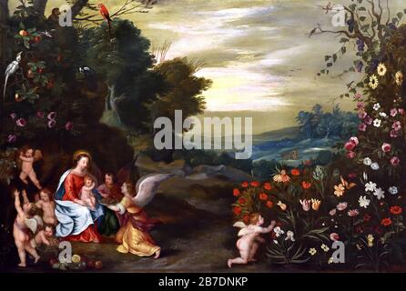 Madonna und Kind mit Engeln in einer Landschaft 1630 von Jan Brueghel, dem Jüngeren 1601-1678, der Familie Brueghel ( Bruegel oder Breughel ), flämischen Malern 16.-17. Jahrhundert, Belgier, Belgien. Stockfoto