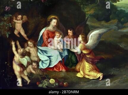 Madonna und Kind mit Engeln in einer Landschaft 1630 von Jan Brueghel, dem Jüngeren 1601-1678, der Familie Brueghel ( Bruegel oder Breughel ), flämischen Malern 16.-17. Jahrhundert, Belgier, Belgien. Stockfoto