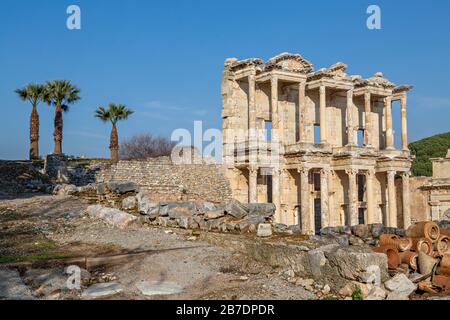 Römische Bibliothek von Celsus in den Ruinen von Ephesus, Selcuk, Türkei Stockfoto