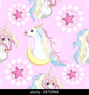Nahtloses Muster mit trendigen Cartoon-Patches. Einhörner, Regenbögen und Herzen. Stock Vektor