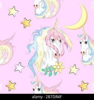 Nahtloses Muster mit trendigen Cartoon-Patches. Einhörner, Regenbögen und Herzen. Stock Vektor