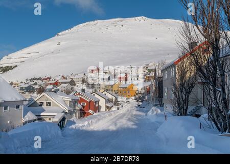 Klarer Wintertag in Honningsvag, Norwegen. Stockfoto