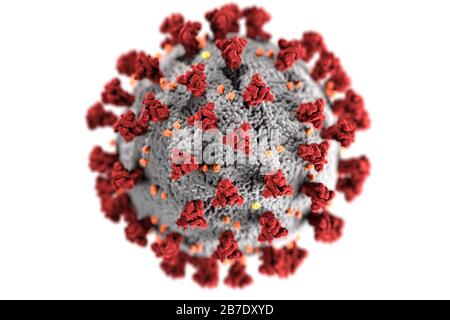 Diese Abbildung, die in den Centers for Disease Control and Prevention (CDC) erstellt wurde, zeigt die ultrastrukturelle Morphologie, die von Coronaviren ausgestellt wird. Beachten Sie die Spitzen, die die äußere Oberfläche des Virus schmücken, was den Blick auf eine Korona vermittelt, die das Virion umgibt, wenn es elektronenmikroskopisch betrachtet wird. Ein neuartiges Coronavirus mit dem Namen "Severe Acute Respiratory Syndrome Coronavirus 2" (SARS-COV-2) wurde 2019 als Ursache für einen Ausbruch einer Atemwegserkrankung identifiziert, die erstmals in Wuhan, China, entdeckt wurde. Die durch dieses Virus verursachte Krankheit wurde als Coronavirus disease 2019 (COVID-19) bezeichnet. Gutschrift: UPI/Al Stockfoto