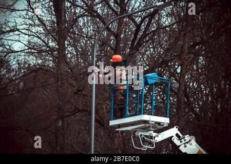 Der Meister repariert den auf Luftplattform stehenden Lampenposten unter den Bäumen Stockfoto