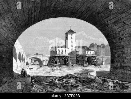 Blick auf die Brückenpumpe Notre-Dame, Paris, Frankreich, im Jahr 1854 Stockfoto