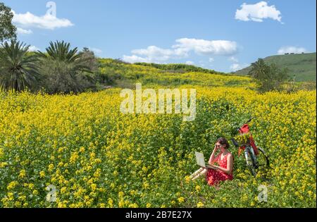 Ein freiberufliches Mädchen arbeitet hinter einem Laptop in einer Frühlingsblume und einem sonnigen Feld. Ein freiberufliches Mädchen arbeitet auf einem Laptop in einem Frühlingsblumen- und Sonnenfeld. Das Mädchen kam auf einem Fahrrad auf den Platz und saß darauf. Stockfoto