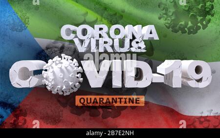 Coronavirus-Krankheit COVID-19-Infektions-Quarantänekonzept auf der schwenkenden Nationalflaggen Äquatorial-Guineas. Äußerst detailgetreue 3D-Nahrender. Stockfoto