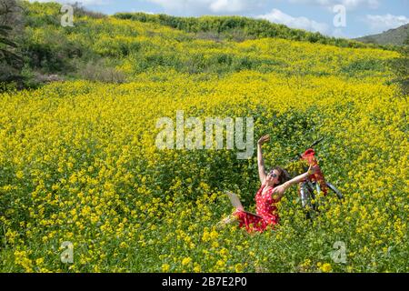 Ein freiberufliches Mädchen arbeitet hinter einem Laptop in einer Frühlingsblume und einem sonnigen Feld, das Mädchen kam auf einem Fahrrad auf den Platz und er steht neben ihr Stockfoto