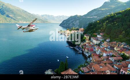 Wasserflugzeug über Varenna - Comer See (IT) Stockfoto