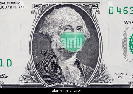 One Dollar Bill with Medical Face Mask on George Washington Stockfoto