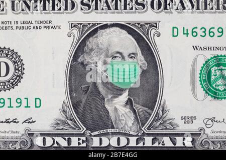 One Dollar Bill with Medical Face Mask on George Washington Stockfoto