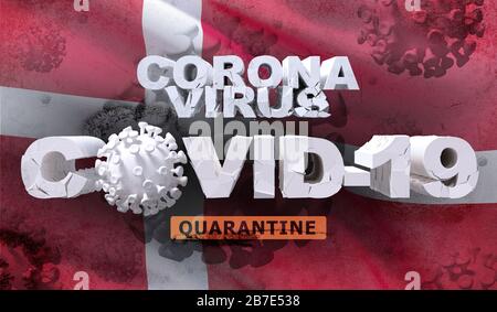 Coronavirus-Krankheit COVID-19 Infektions-Quarantäne-Konzept auf der schwenkenden nationalen Flagge von Dänemark. Äußerst detailgetreue 3D-Nahrender. Stockfoto