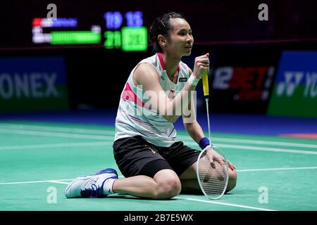 Tiawans Tai Tzu Ying reagiert darauf, das Endspiel Im Dameneinzel am fünften Tag der YONEX All England Open Badminton Meisterschaften in der Arena Birmingham zu gewinnen. Stockfoto