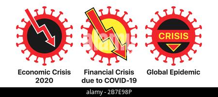 Wirtschaftskrise und Coronavirus, Symbol gesetzt. Globale Finanzkrise durch COVID-19-Virusinfektion, Warnzeichen gesetzt. Aktienrückgang, Rückgang des Markttrakens Stock Vektor