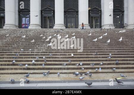 Tauben und ein einsamer Mann besetzen die Stufen des klassischen US-Postgebäudes an der 8th Avenue und der 33rd Street in Manhattan. Das James A. Farley Building ist das wichtigste Postgebäude der Vereinigten Staaten in New York City. Es befindet sich in Midtown Manhattan und wurde zusammen mit der ursprünglichen Pennsylvania Station im Jahr 1912 gebaut. Stockfoto