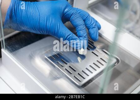 Apotheker in medizinischen Handschuhen, die neue Arzneipille in einem pharmazeutischen Labor wiegen. Konzept der pharmazeutischen Industrie Stockfoto