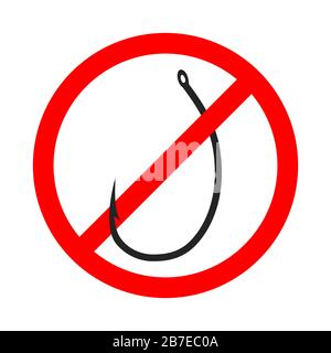 Angelhaken verboten. Zeichen des Verbots eines Fischfangs. Angelschild isoliert stoppen. Vektorsymbol. Stock Vektor
