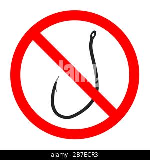 Angelhaken verboten. Zeichen des Verbots eines Fischfangs. Angelschild isoliert stoppen. Vektorsymbol. Stock Vektor