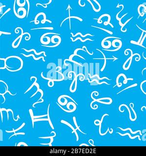 Auf blauem Hintergrund Isoliertes, Nahtloses Tierkreis-Symbol. Astrologische Symbole. Horoskopelemente Stockfoto