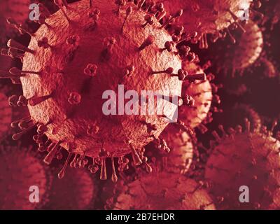 Coronavirus, COVID-19, künstlerische Darstellung in roten Farben. Corona Virus Pandemie Konzept 3D-Abbildung. Stockfoto