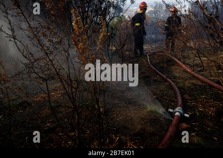 Feuerwehrleute bekämpfen ein wildes Feuer auf den hängen des Tafelbergs von Kapstadt und Südafrikas Wahrzeichen Stockfoto