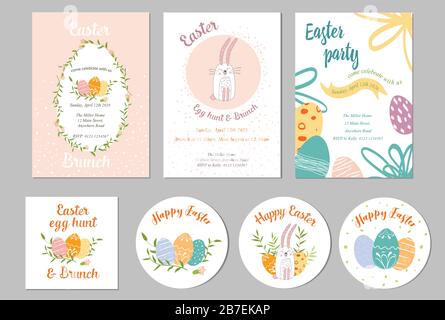 Fröhliche Osterschablonen mit Eiern, Blumen, Blumenkranz und Ästen, Kaninchen, Küken und typografischem Design. Gut für Grußkarten im Frühling und Ostern Stock Vektor