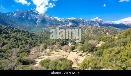 Rouvas Wald auf dem Berg Psiloritis, mit Bächen und farbenfrohen Plantagen im Frühling, auf Crete, Griechenland Stockfoto