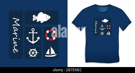 Drucken auf T-Shirt Grafikdesign, blaue nautische Ikonen Sammlungen Anker, Fischkarpfen, Segelboot, Ruder, Rettungswagen, isoliert auf Hintergrundvektor Stock Vektor