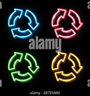 Blau Rot Grün Gelb Neonlicht Farbe Recycle Symbol auf schwarzem Hintergrund gesetzt. 3 Pfeile im Kreis leuchten. Design mit Recycling-Logo. Abfall reus Stock Vektor