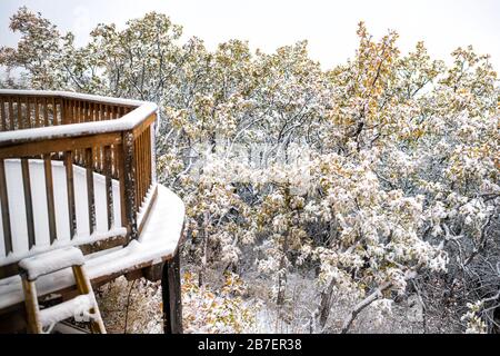 Hausgrundstück mit Leiter zum Deckzaungeländer und Herbstlaub auf Bäumen mit schneebedeckten Blättern Stockfoto