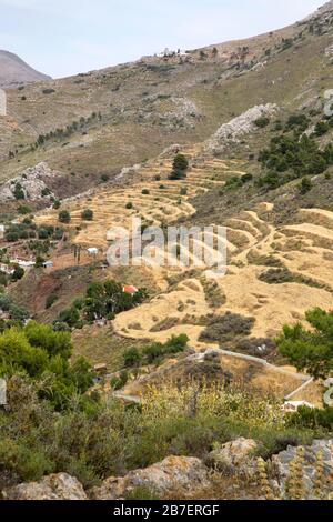 Terrassierte Getreidefelder und Grassaatflächen auf der griechischen Insel Hydra, Griechenland. Auf dem entfernten Hügel befindet sich eine Klosterkirche. Stockfoto